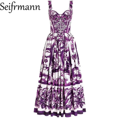 Seifrmann Baroque print Slim Ball Gown Dress Spaghetti Strap Backless Pleated Splicing Casual Holiday A-Line Cotton Dresses