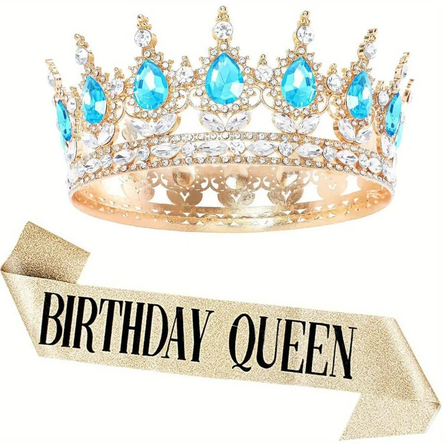 Bling Rhinestones Birthday Party Kit Tiara Crown Queen Sash Women Girl Happy Birthday Hair Accessories Prom Gifts Decorations