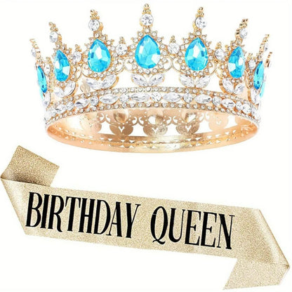 Bling Rhinestones Birthday Party Kit Tiara Crown Queen Sash Women Girl Happy Birthday Hair Accessories Prom Gifts Decorations
