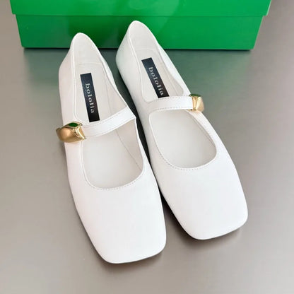 High Quality Women's Soft-soled Mary Jane Square Toe Versatile Commuter Metallic Decor One Strap Genuine Leather Flat Shoes