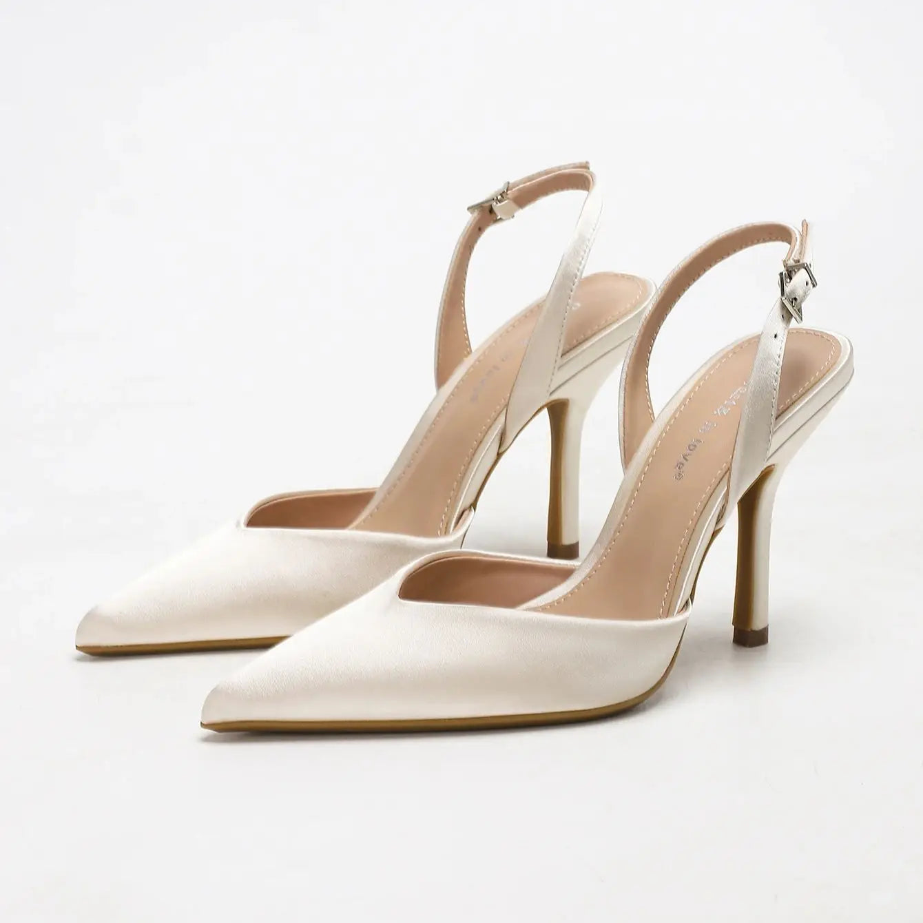 Women's Ivory Satin Pointed-Toe Slingback Heeled Sandals