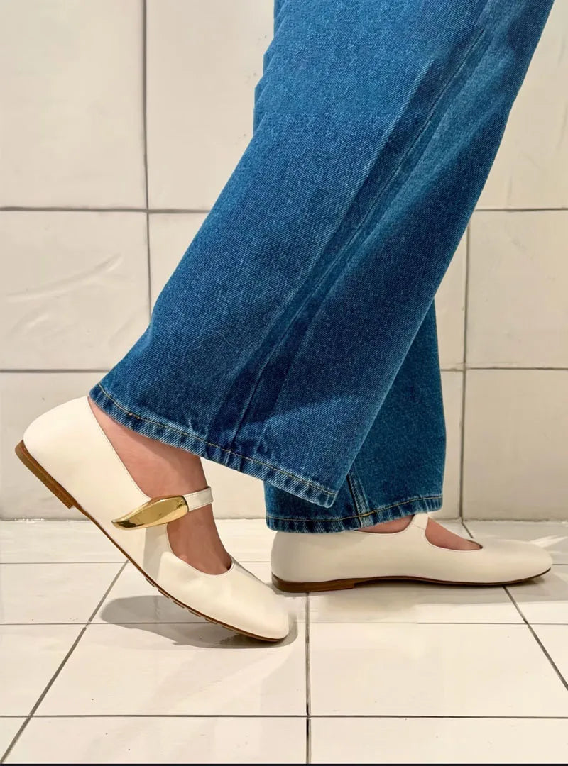 High Quality Women's Soft-soled Mary Jane Square Toe Versatile Commuter Metallic Decor One Strap Genuine Leather Flat Shoes