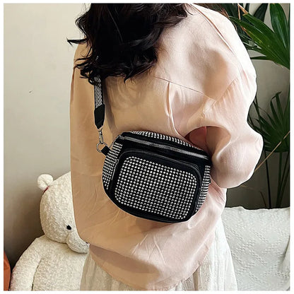 Fashion Shiny Women crossbody bags PU leather Wide strap Female Shoulder bags Ladies Waist Pack and Purses Saddle Chest Bags