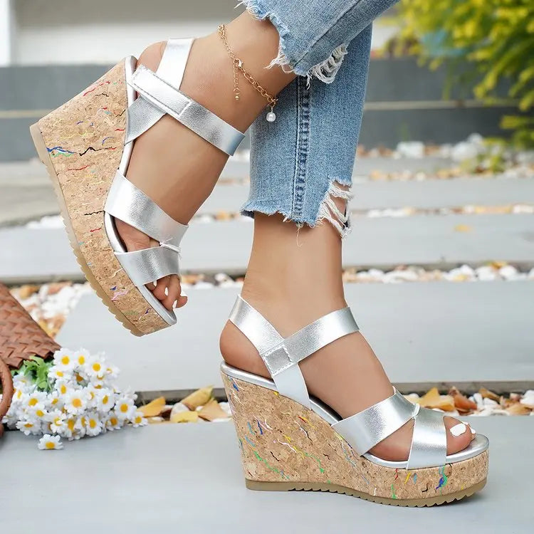 Women's Silver Chunky Platform Sandals 2026 Summer Cork Thick Sole Wedge Sandals Woman Plus Size 43 Pu Leather Casual Shoes