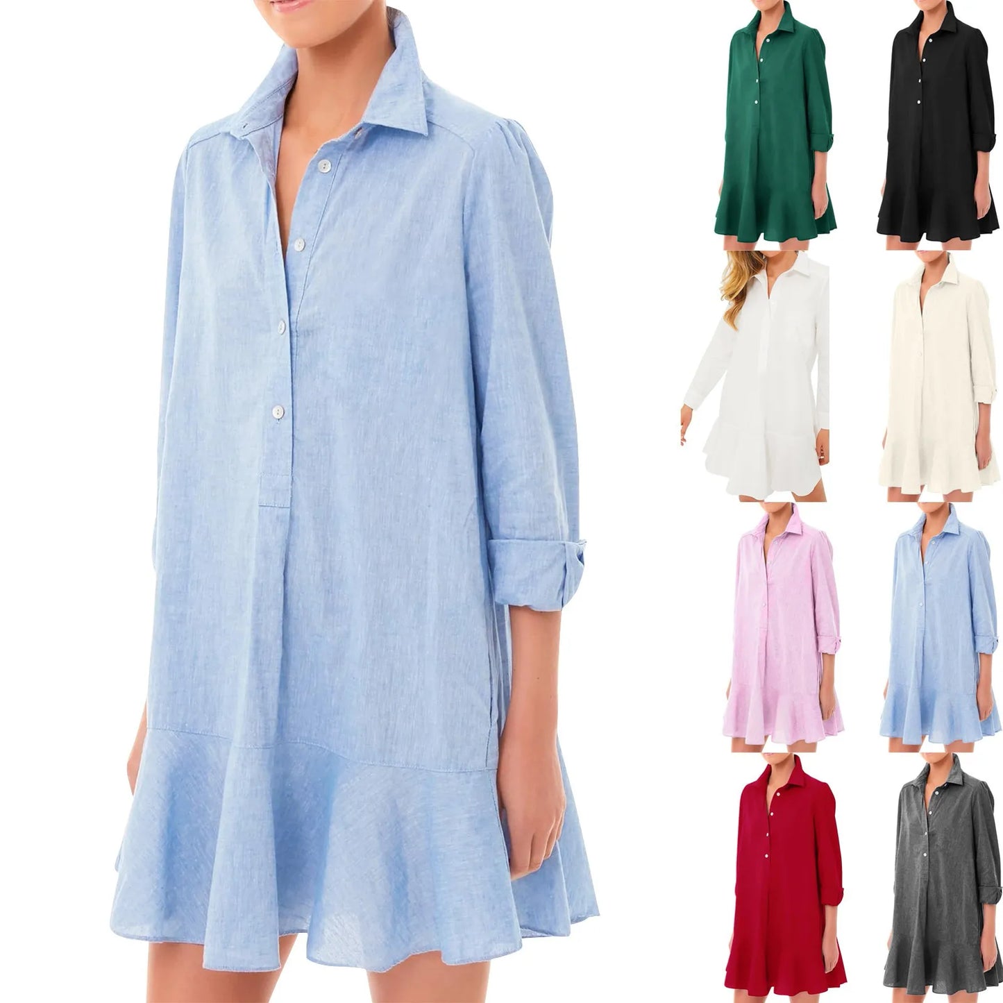 Women Loose Dresses Fashion Casual Half Open Shirt Hem Ruffle Classic Solid Dresses Daily Commute Date Simple Long Sleeve Dress