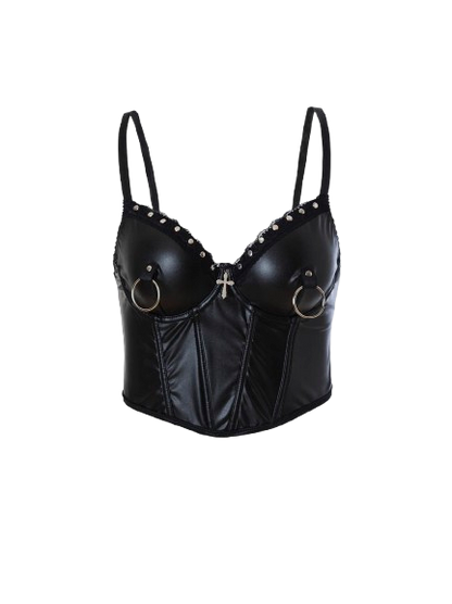Punk Style Leather Halter Top with Metal Ring Cross Decoration Dark Sexy Outfit/Cosplay Top for Trendy Girls