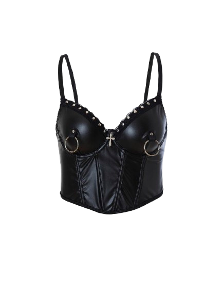 Punk Style Leather Halter Top with Metal Ring Cross Decoration Dark Sexy Outfit/Cosplay Top for Trendy Girls