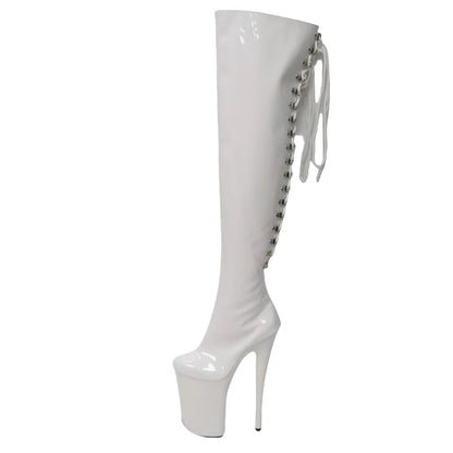 23CM Platform Thigh High Boots Queen, Red Black Patent Leather Extreme Height Boots, Metal Detail Performance Shoes