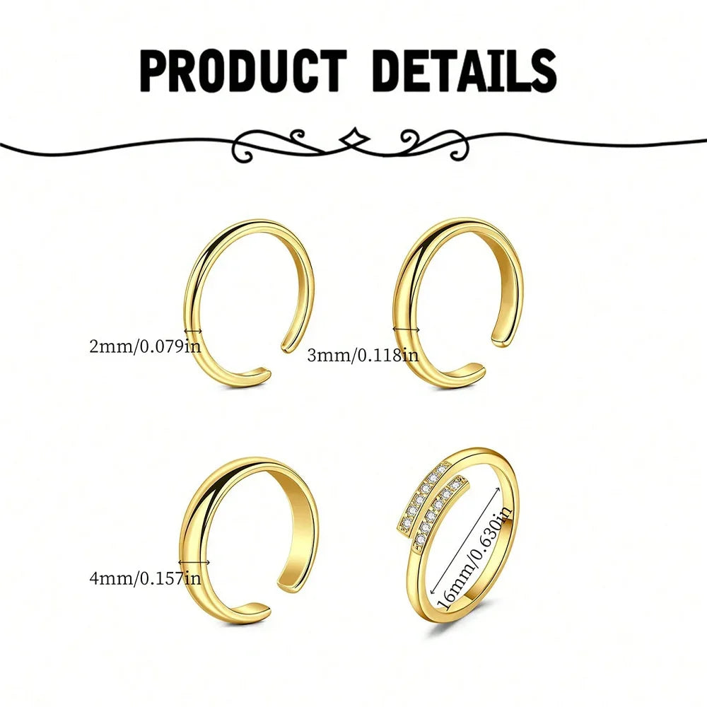 4pcs Stainless Steel Toe Ring Pack Set Hollow Love Flower Leaves Spot Drill Moon Multi-Style Size Adjustable Summer Beach Must