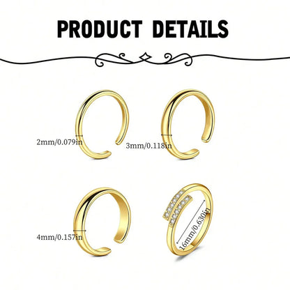 4pcs Stainless Steel Toe Ring Pack Set Hollow Love Flower Leaves Spot Drill Moon Multi-Style Size Adjustable Summer Beach Must