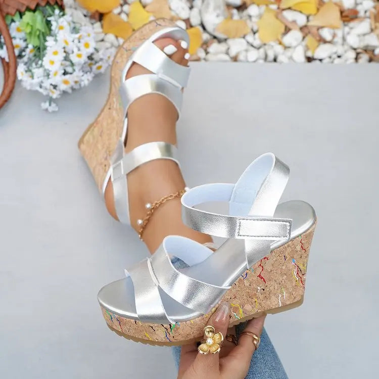 Women's Silver Chunky Platform Sandals 2026 Summer Cork Thick Sole Wedge Sandals Woman Plus Size 43 Pu Leather Casual Shoes