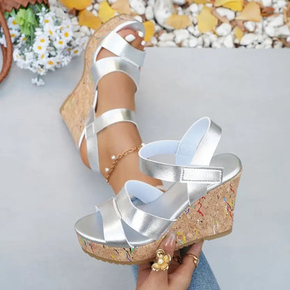 Women's Silver Chunky Platform Sandals 2026 Summer Cork Thick Sole Wedge Sandals Woman Plus Size 43 Pu Leather Casual Shoes
