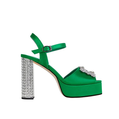 Square Headed Satin Banquet Sandals 2026 New Rhinestone Thick Heel High Heels 35-43 Leather Waterproof Platform Show Women Shoes