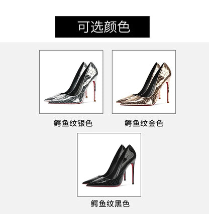 Summer new crocodile patterned high heels for women, slim heels, sexy, fashionable, versatile, professional single shoes