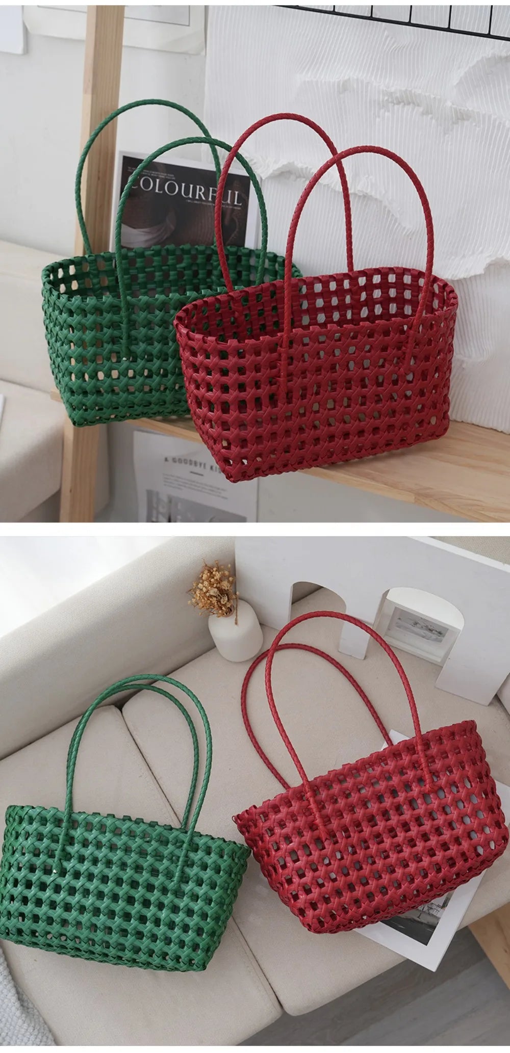 Plastic Hollow Weave Bag Countryside Style Large Capacity Beach Tote Bag Bohemian Style Bucket Bag Woman PVC Handbag Girls
