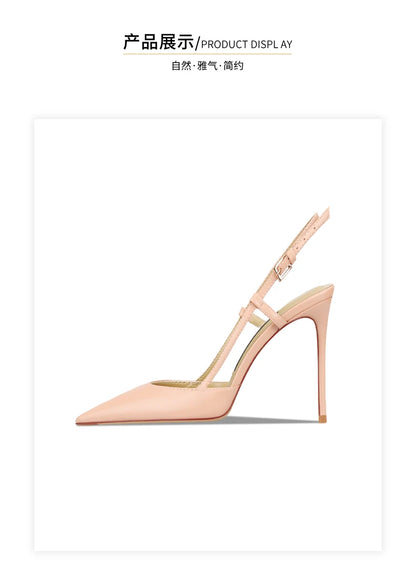 Bare leather edge buckle straight strap sandals for women, new pointed shallow mouth slim heel fashionable single shoe