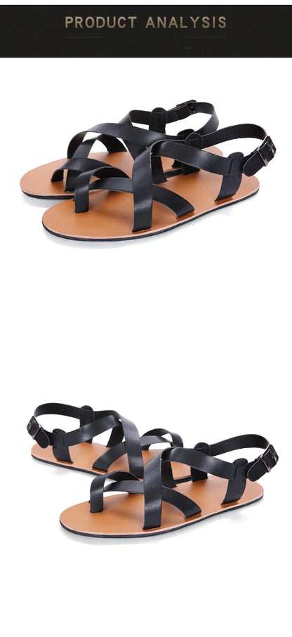 New Summer Men Sandals Leather Vintage Flat Heel Solid Buckle Beach Gladiator Sandals Shoes Breathable Men Flip Flops Sandals