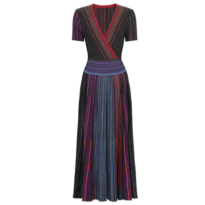 ZJYT Europe Fashion Summer Striped Pleated Knitted Dresses for Women Elegant V Neck Short Sleeve Midi Vintage Holiday Dress 2026
