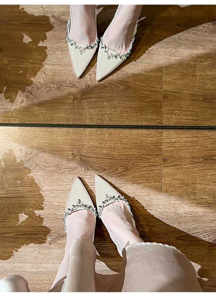 6cm 8cm 10cm Elegant Pointed Toe Slingback Rhinestone Wedding Shoes Stilettos Summer 2026 High Heels Sandals for Model Party