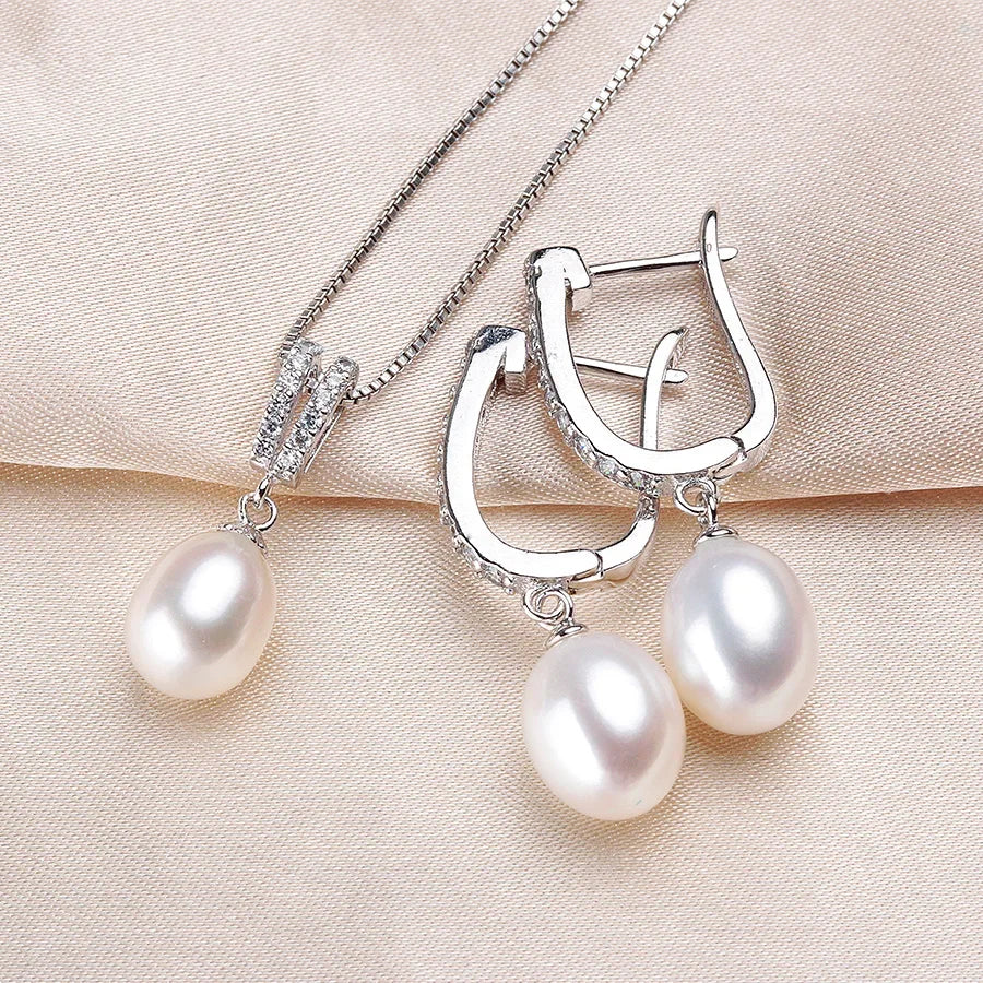 YWYC Horseshoe 8-9mm Rice Freshwater Pearl Earrings&Necklaces Jewelry Set for Women 925 Sterling Silver 45cm Pendant Necklace