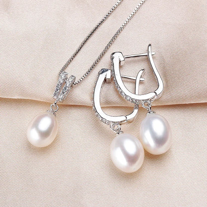 YWYC Horseshoe 8-9mm Rice Freshwater Pearl Earrings&Necklaces Jewelry Set for Women 925 Sterling Silver 45cm Pendant Necklace