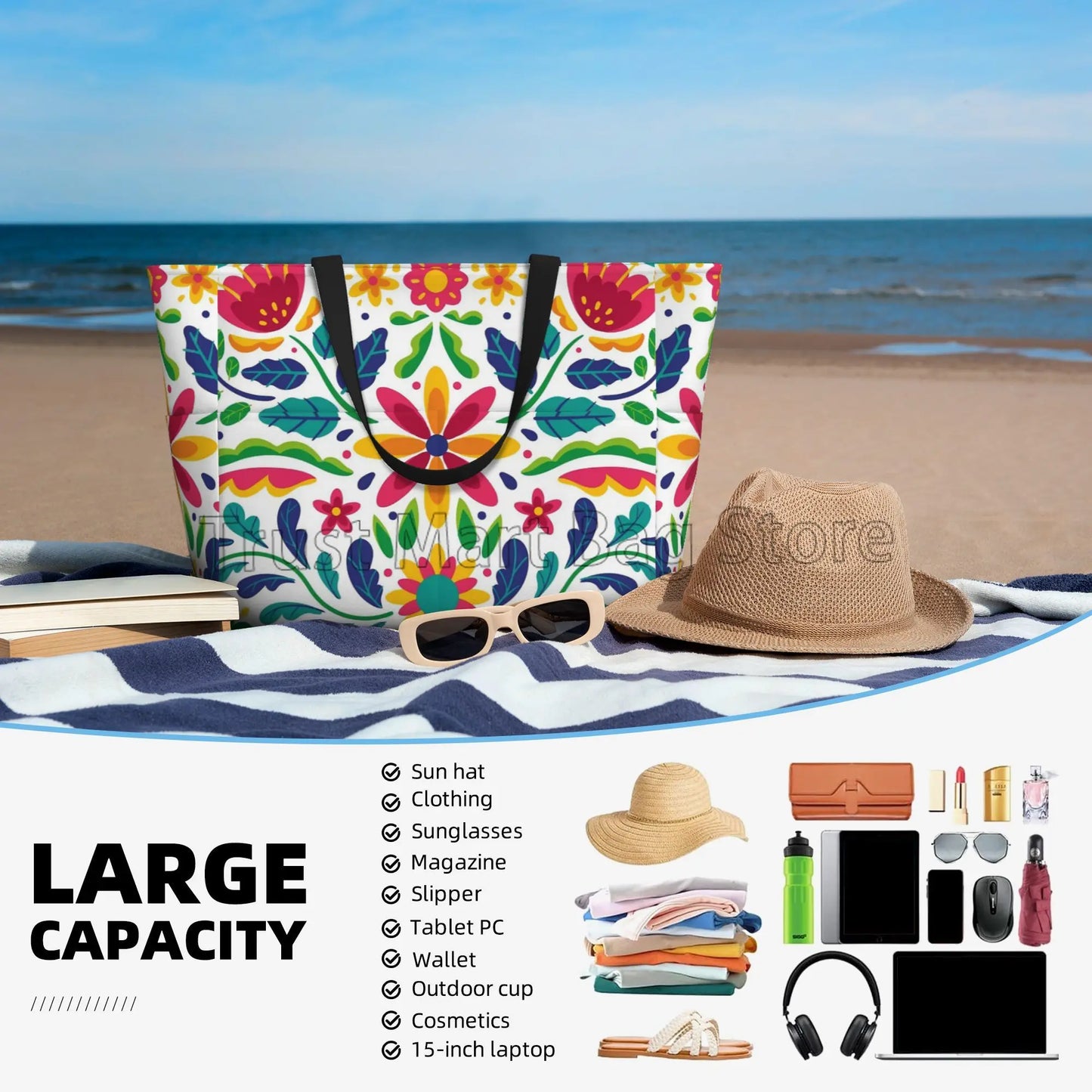 Mexican Flower Waterproof  Beach Tote Pool Bags for Women Ladies Extra Large Gym Tote Carry on Bag for Weekender Travel Swim