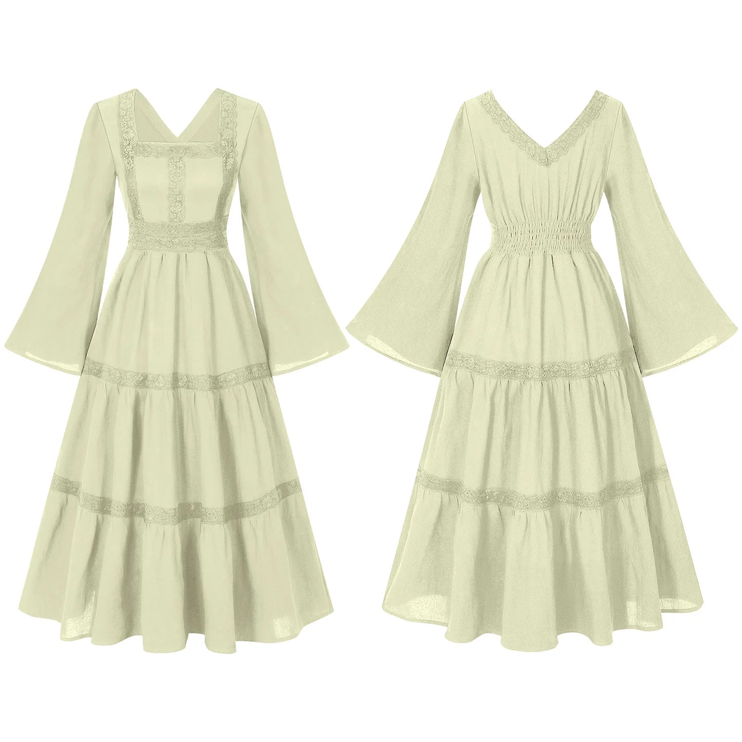 2025 New Beige Halloween/Christmas Square Neck Lace Trim Bell Sleeve Dress for Women, Halloween/Christmas COS Costumes Long Sirt