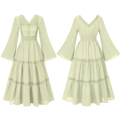 2025 New Beige Halloween/Christmas Square Neck Lace Trim Bell Sleeve Dress for Women, Halloween/Christmas COS Costumes Long Sirt