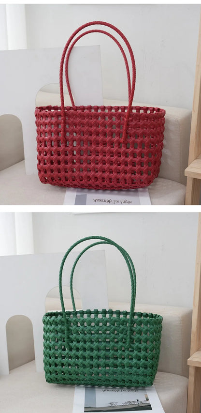 Plastic Hollow Weave Bag Countryside Style Large Capacity Beach Tote Bag Bohemian Style Bucket Bag Woman PVC Handbag Girls