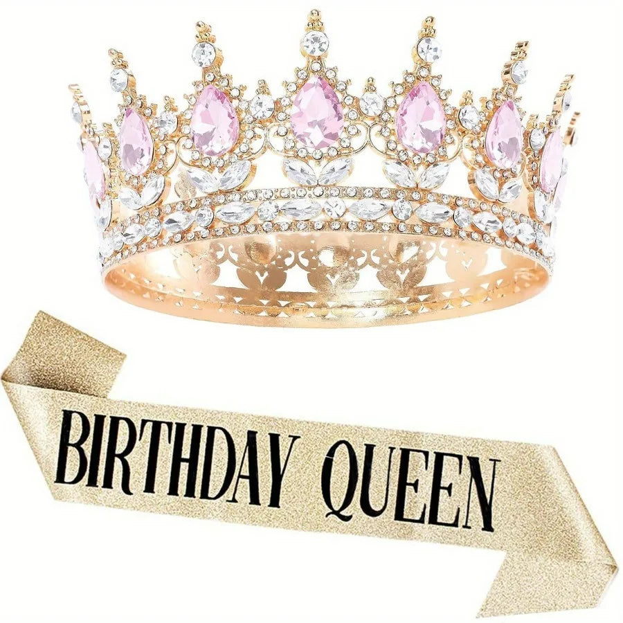 Bling Rhinestones Birthday Party Kit Tiara Crown Queen Sash Women Girl Happy Birthday Hair Accessories Prom Gifts Decorations