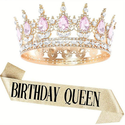 Bling Rhinestones Birthday Party Kit Tiara Crown Queen Sash Women Girl Happy Birthday Hair Accessories Prom Gifts Decorations
