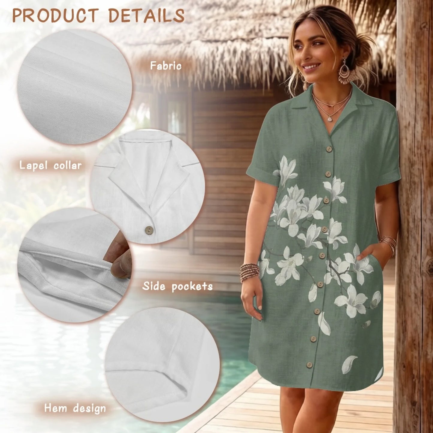 Women's Linen Shirt Dress Chinese Style Flower Womens Dress Summer Button-Down Shirt Dress Loose A-Line Midi Shift Tunic Dress