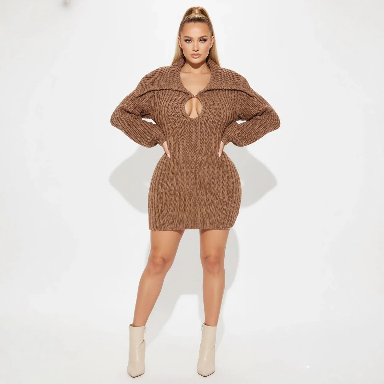 2025 New High Collar Elegant Commuter Big Collar Slim Fit Elastic Lantern Sleeve Woolen Dress