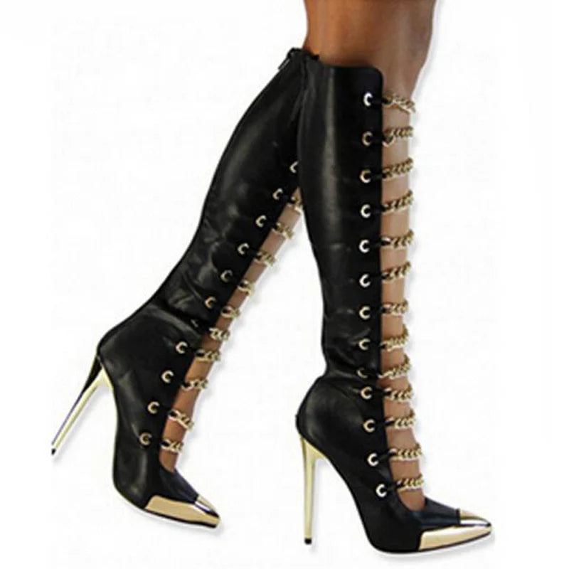 Sexy Front Chains Cutout Pointed Metal Toe Knee Boots Gold High Heel Woman Summer Boots Fashion Gladiator Party Shoes
