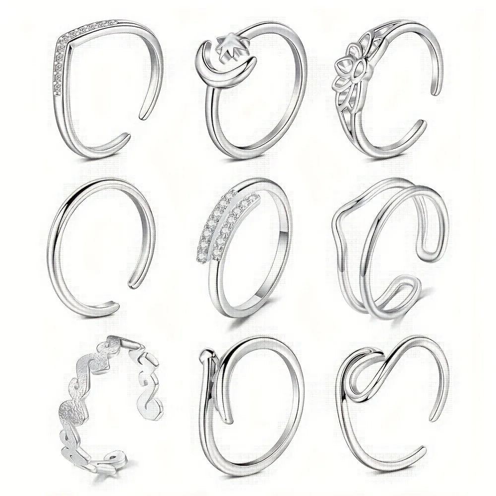 9pcs Adjustable Toe Rings For Women, Moon Flower Style, Summer Beach Hypoallergenic Open Toe Ring Set Finger Foot Jewelry