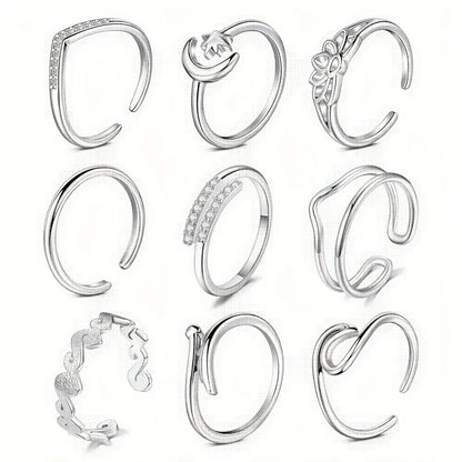 9pcs Adjustable Toe Rings For Women, Moon Flower Style, Summer Beach Hypoallergenic Open Toe Ring Set Finger Foot Jewelry