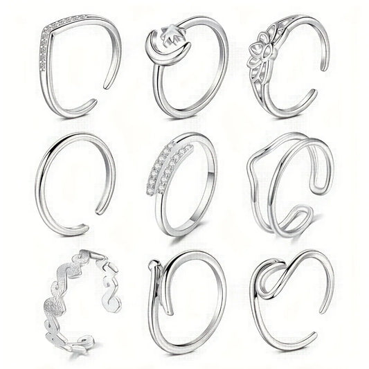 9pcs Adjustable Toe Rings For Women, Moon Flower Style, Summer Beach Hypoallergenic Open Toe Ring Set Finger Foot Jewelry