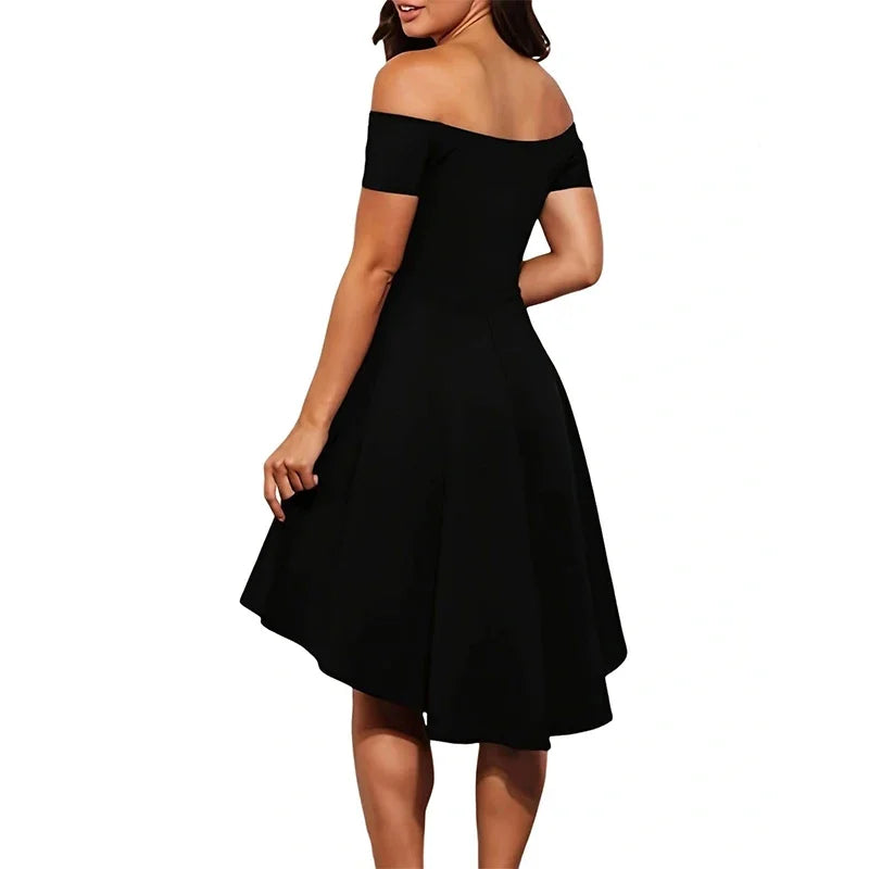 Off-Shoulder Elegance Women’s Asymmetrical Midi Dress - Solid Slim-Fit Season-Versatile Comfort Stretch