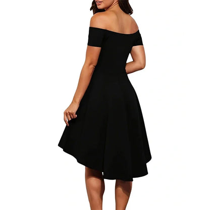 Off-Shoulder Elegance Women’s Asymmetrical Midi Dress - Solid Slim-Fit Season-Versatile Comfort Stretch