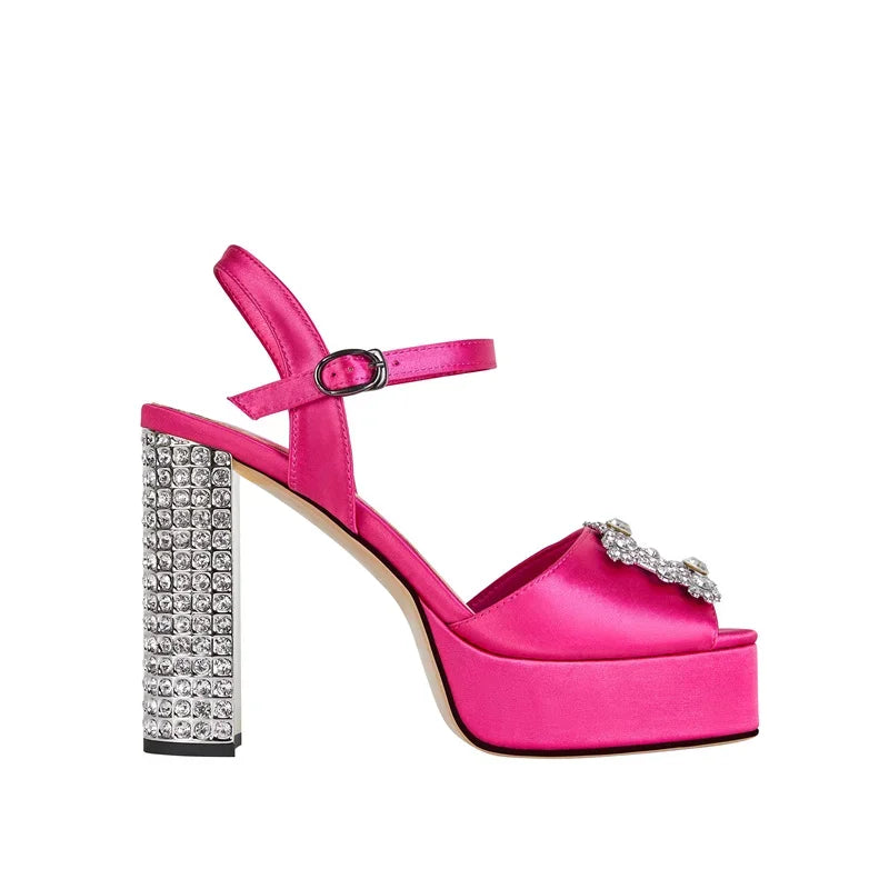 Square Headed Satin Banquet Sandals 2026 New Rhinestone Thick Heel High Heels 35-43 Leather Waterproof Platform Show Women Shoes