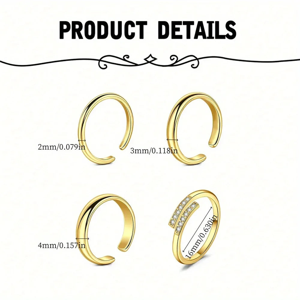 4pcs Stainless Steel Toe Ring Pack Set Hollow Love Flower Leaves Spot Drill Moon Multi-Style Size Adjustable Summer Beach Must