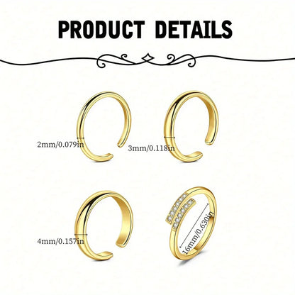 4pcs Stainless Steel Toe Ring Pack Set Hollow Love Flower Leaves Spot Drill Moon Multi-Style Size Adjustable Summer Beach Must