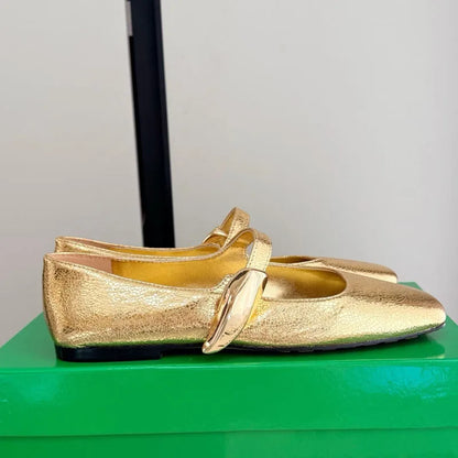 High Quality Women's Soft-soled Mary Jane Square Toe Versatile Commuter Metallic Decor One Strap Genuine Leather Flat Shoes