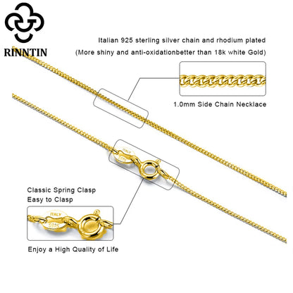 Rinntin Solid 925 Sterling Silver 1.0mm Side Chain Necklace for Women Girls Elegant Necklace Fine Jewelry 40/45/50/55/60cm SC18