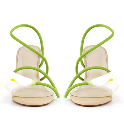 Onlymaker Women Open Toe Elegant Calla Lily Flower Sandals Wedding Heels Dressy Slingback Kitten Heel Summer Strappy Sandals
