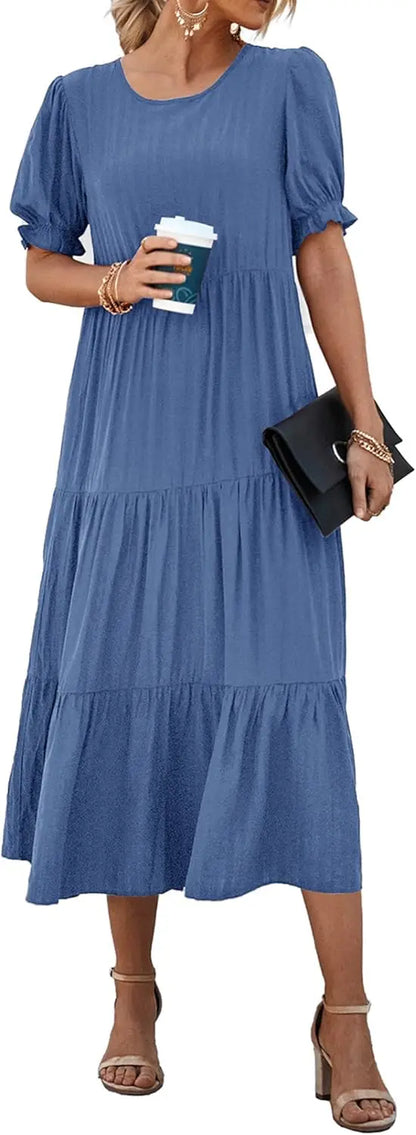 Summer Dresses for Women 2026 Casual Floral Boho Midi Sun DrPuff Short Sleeve Flowy Beach Vacation Sundress
