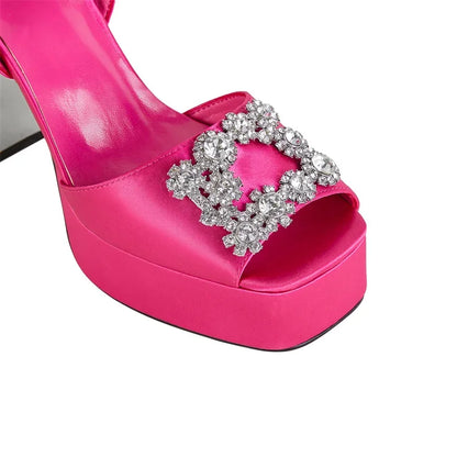 Square Headed Satin Banquet Sandals 2026 New Rhinestone Thick Heel High Heels 35-43 Leather Waterproof Platform Show Women Shoes
