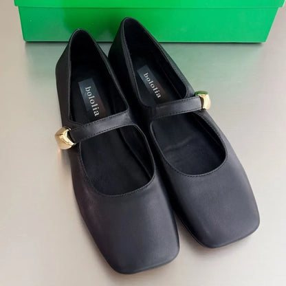 High Quality Women's Soft-soled Mary Jane Square Toe Versatile Commuter Metallic Decor One Strap Genuine Leather Flat Shoes