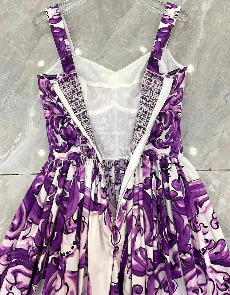 Seifrmann Baroque print Slim Ball Gown Dress Spaghetti Strap Backless Pleated Splicing Casual Holiday A-Line Cotton Dresses