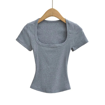 Square Collar High Stretch Summer Crop Tops Women Short Sleeve Tops Sexy Pullover Bottoming Blouses Slim T-shirt